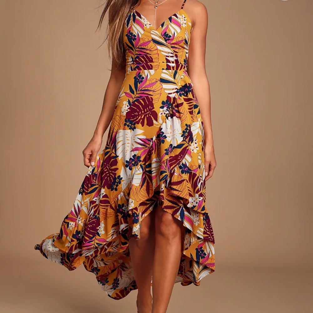 Lulus Vacation Days Golden Yellow Tropical Dress L High Low Beach Resortwear